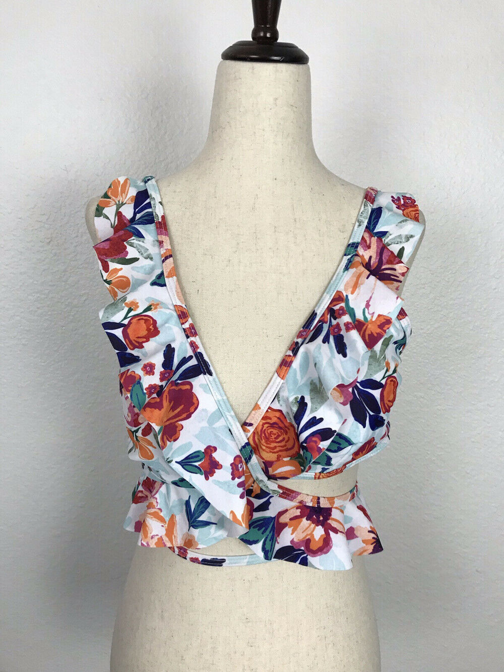 Verano Playa Floral Multicolor Ruffled Strappy Bikini Top Swimsuit